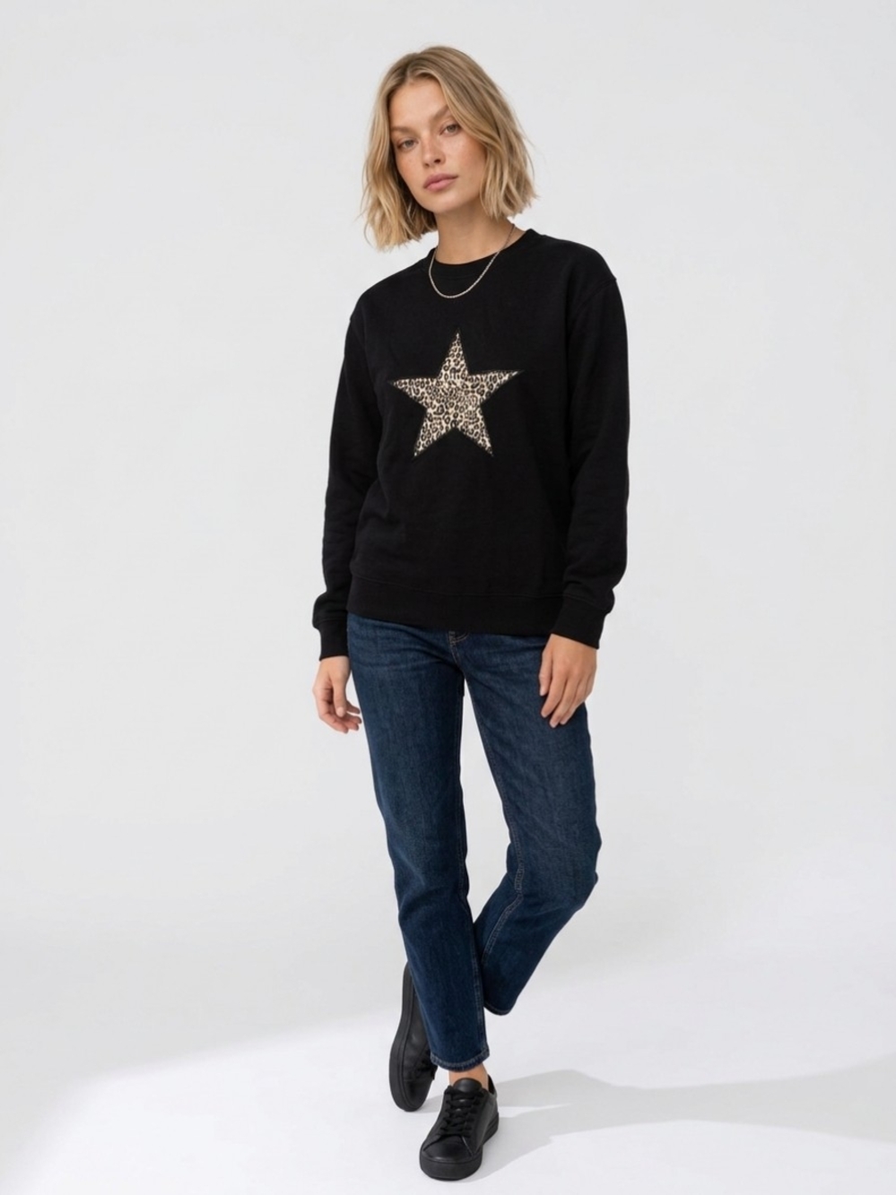 Black Crewneck Sweater with Leopard Star Accent